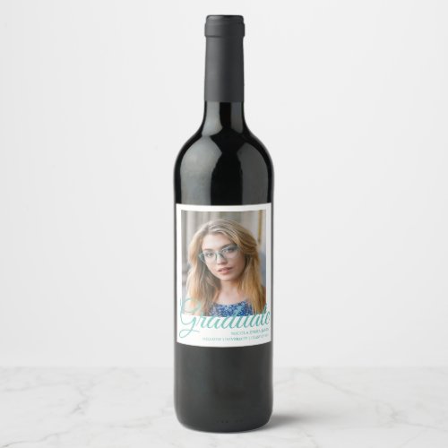 Elegant Turquoise Photo Graduation Wine Label