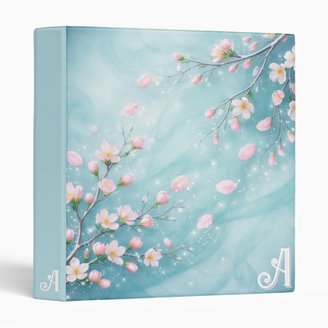 Elegant Turquoise Pink Cherry Blossom Initials  3 Ring Binder (Front/Spine)