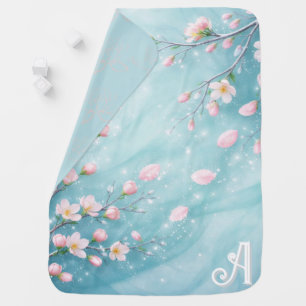 Elegant Turquoise Pink Cherry Blossom Initials Baby Blanket