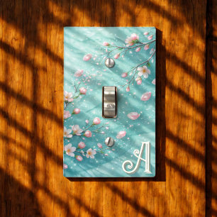 Elegant Turquoise Pink Cherry Blossom Initials Light Switch Cover