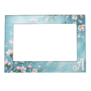 Elegant Turquoise Pink Cherry Blossom Initials Magnetic Frame