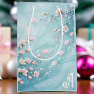 Elegant Turquoise Pink Cherry Blossom Initials Medium Gift Bag