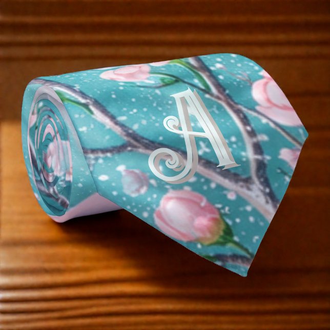 Elegant Turquoise Pink Cherry Blossom Initials  Neck Tie (Creator Uploaded)