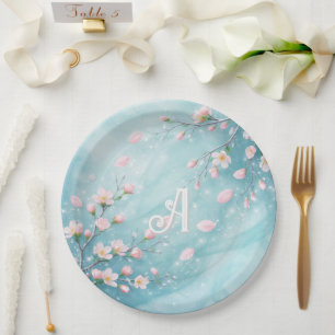 Elegant Turquoise Pink Cherry Blossom Initials Paper Plates