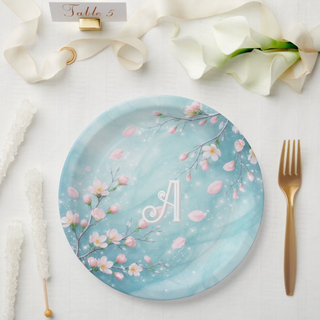 Elegant Turquoise Pink Cherry Blossom Initials  Paper Plates (Wedding)