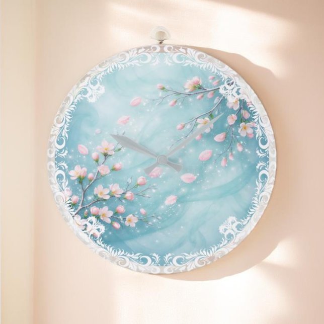 Elegant Turquoise Pink Cherry Blossom  Large Clock (Creator Uploaded)