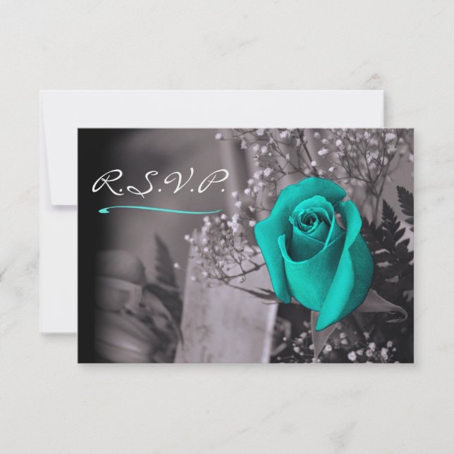 Elegant Turquoise Rose on Warm Grey RSVP Card (Front)