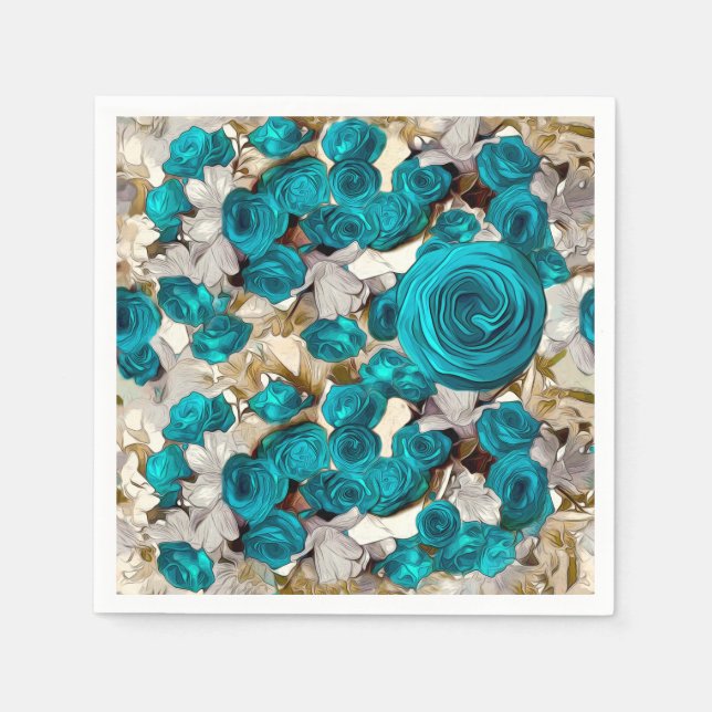 Elegant turquoise roses on beige abstract throw pi napkins (Front)