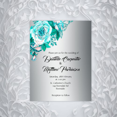 Elegant Turquoise Roses Silver Wedding Invitation Postcard