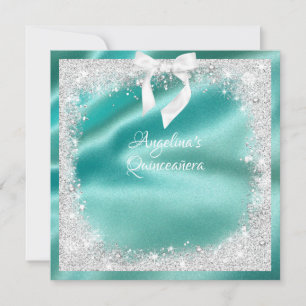 Elegant Turquoise Satin, Silv Glitter, Quinceanera Invitation