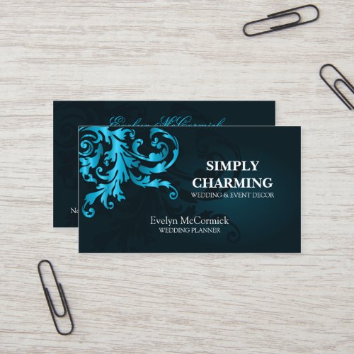 Elegant Turquoise Shimmer Flourish Business Cards