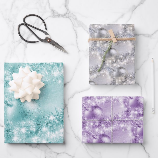 Elegant Turquoise Silver and Violet Christmas Ball Wrapping Paper Sheets (Front)