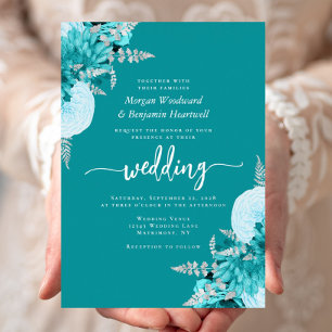 Elegant Turquoise Silver Floral Wedding Foil Invitation
