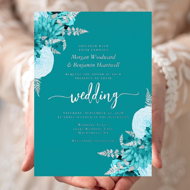 Elegant Turquoise Silver Floral Wedding Foil Invitation (Creator Uploaded)