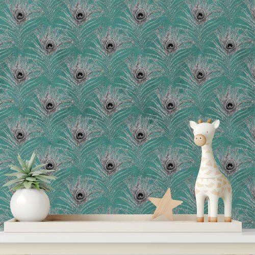 Elegant Turquoise Silver Glitter Peacock Feathers Wallpaper