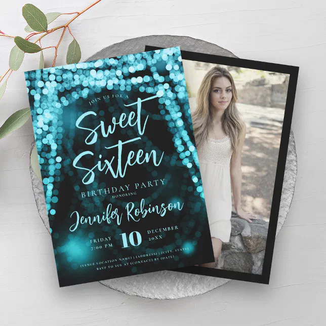 Elegant Turquoise String Lights Photo Sweet 16 Invitation | Zazzle