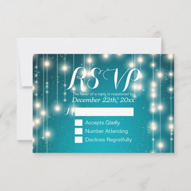 Elegant Turquoise String Lights Wedding RSVP Reply Card (Front)