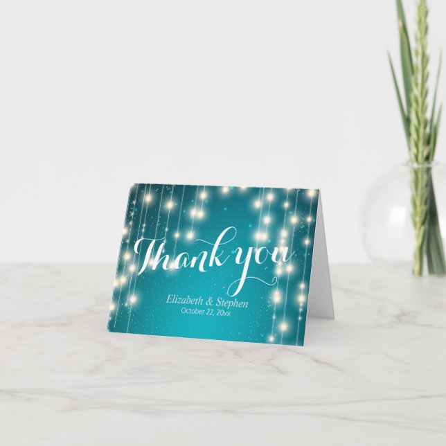 Elegant Turquoise String Lights Wedding Thank You Card (Front)