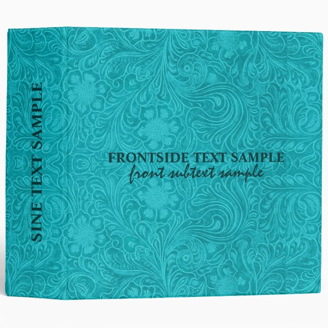 Elegant Turquoise Suede Leather Floral Design 3 Ring Binder (Front/Spine)