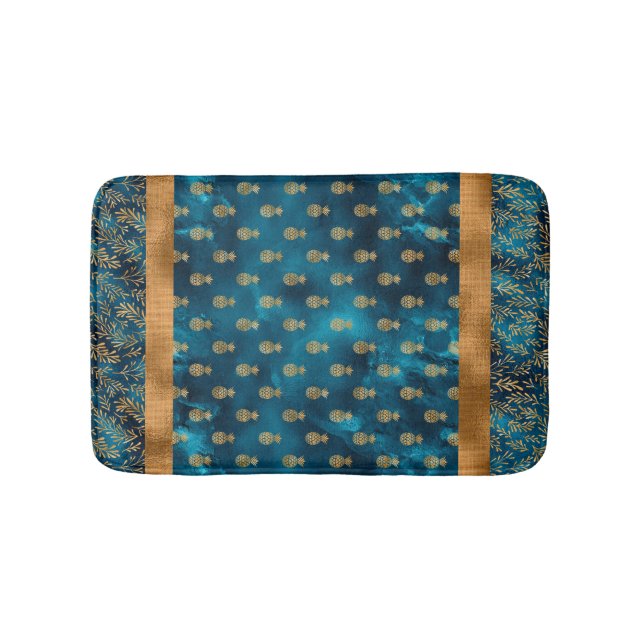 Elegant Turquoise Teal Gold Pineapple Pattern Bath Mat (Front)