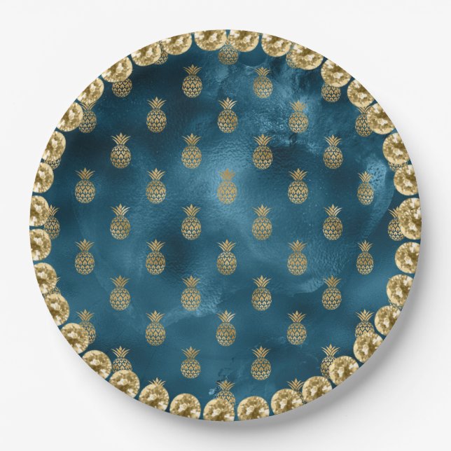 Elegant Turquoise Teal Gold Pineapple Pattern Paper Plates (Front)