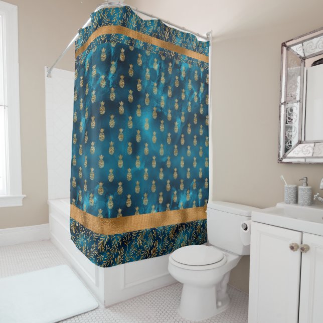 Elegant Turquoise Teal Gold Pineapples Pattern Shower Curtain (In Situ)