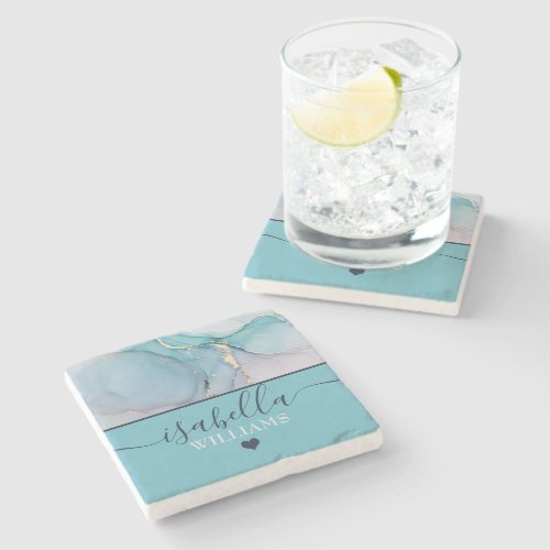 Elegant Turquoise  Teal Monogram Geode Marble Stone Coaster