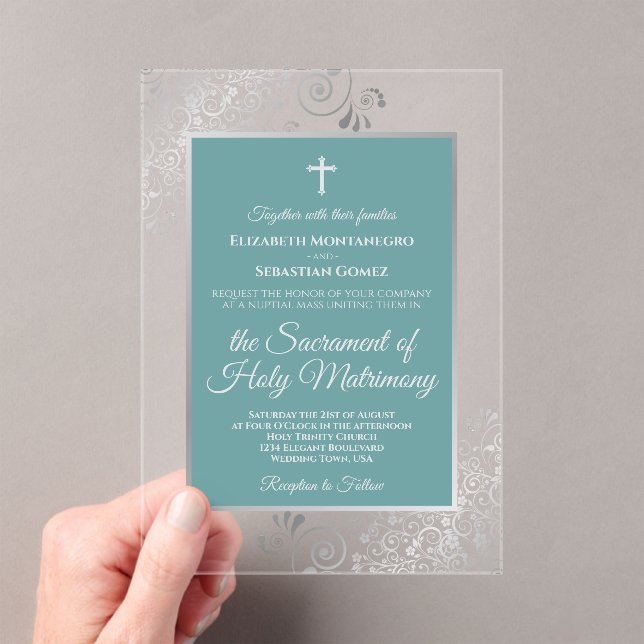 Elegant Turquoise Teal & Silver Catholic Wedding Acrylic Invitations (Insitu (Handheld))