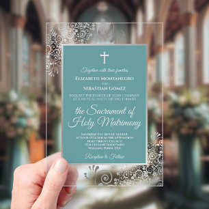 Elegant Turquoise Teal & Silver Catholic Wedding Acrylic Invitations