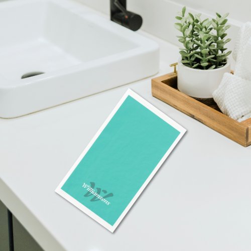 Elegant Turquoise Teal White Monogram Family Name Paper Guest Towels