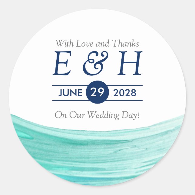 Elegant Turquoise Tides Beach Wedding Favor Classic Round Sticker (Front)