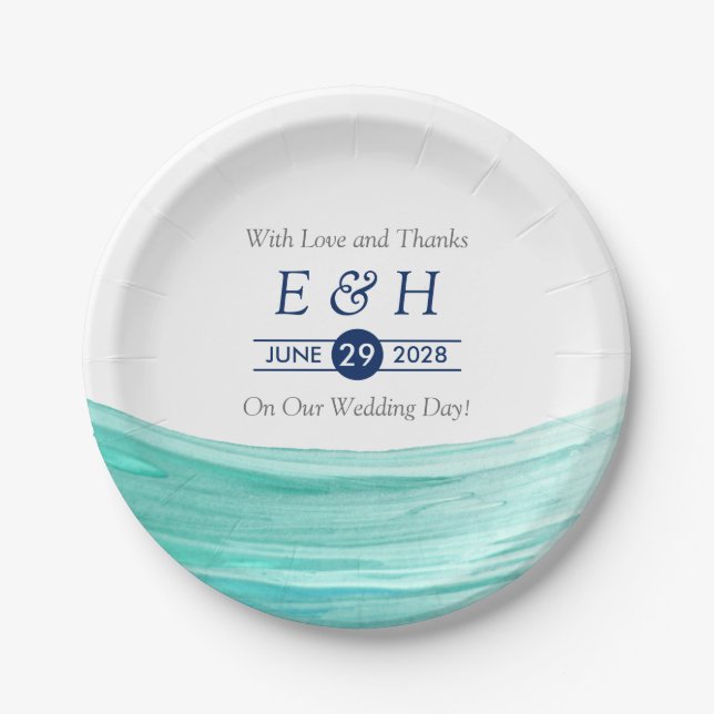 Elegant Turquoise Tides Beach Wedding Paper Plates (Front)