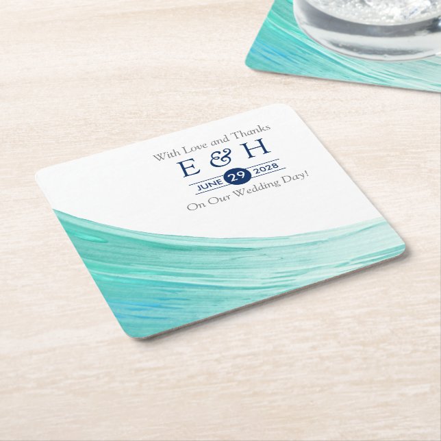 Elegant Turquoise Tides Beach Wedding Square Paper Coaster (Angled)