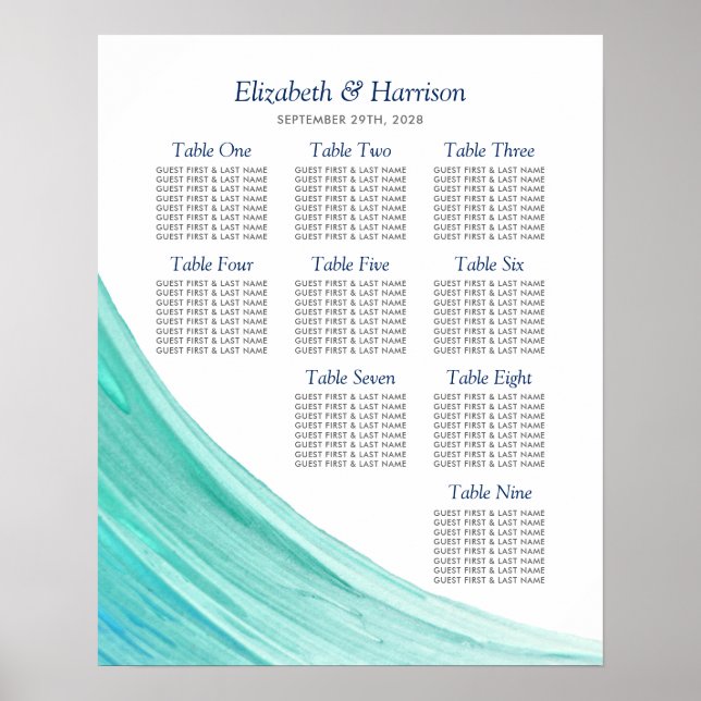 Elegant Turquoise Tides Beach Wedding Table Plan Poster (Front)