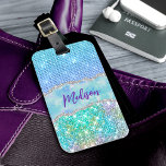 Elegant Turquoise unicorn faux glitter monogram Luggage Tag<br><div class="desc">Cute personalised Luggage Tag. It is designed with elegant girly iridescent glitter drips in unicorn rainbow pink colors on both sides. To make it extra special, it is also monogrammed and personalized with name in pink. click the "customize further" link and use the design tool to modify the design if...</div>