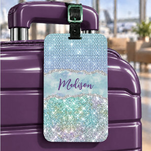 Elegant Turquoise unicorn faux glitter monogram Luggage Tag