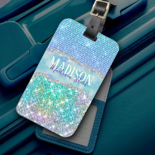 Elegant Turquoise unicorn faux glitter monogram Luggage Tag