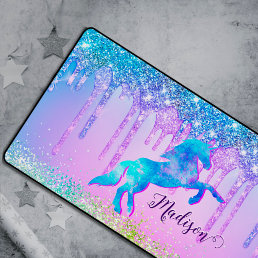 Elegant Turquoise Unicorn Glitter Drips monogram Desk Mat