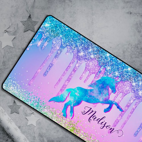 Elegant Turquoise Unicorn Glitter Drips monogram Desk Mat