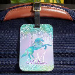 Elegant Turquoise Unicorn Glitter Drips monogram Luggage Tag
