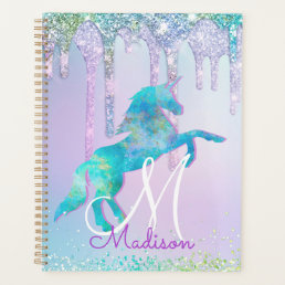 Elegant Turquoise Unicorn Glitter Drips monogram Planner