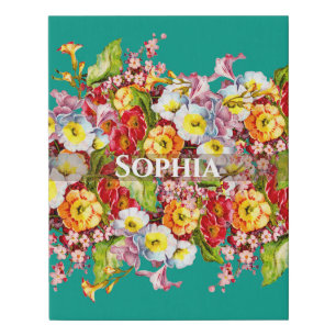 Elegant Turquoise Vintage Floral Personalized Name Faux Canvas Print