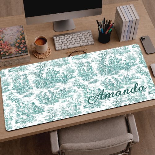 Elegant Turquoise Vintage Toile de Jouy Scene Desk Mat