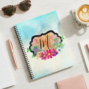 Elegant Turquoise Watercolor Floral Monogram Planner