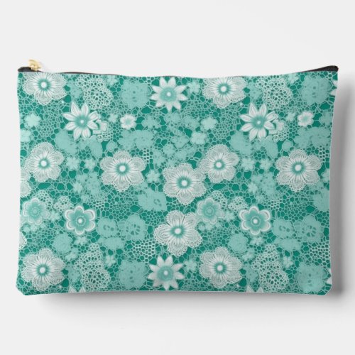 Elegant turquoise white lace pattern accessory pouch