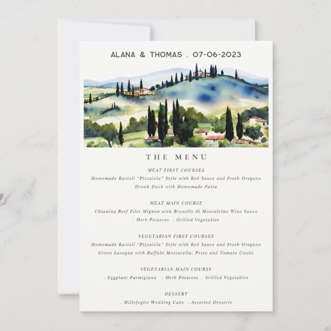 Elegant Tuscany Italy Landscape Wedding Menu Card (Front)