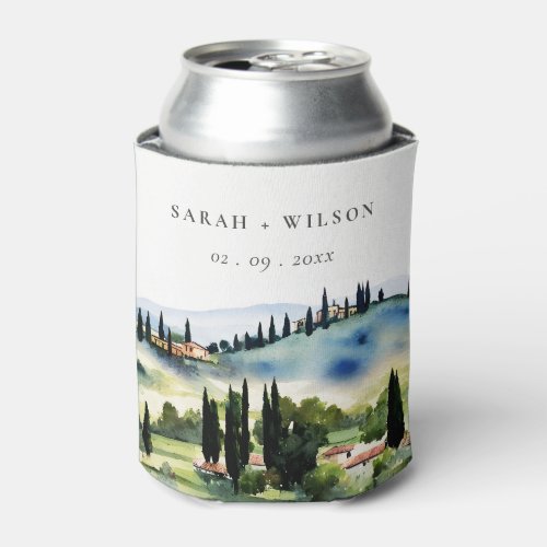 Elegant Tuscany Italy Watercolor Landscape Wedding Can Cooler