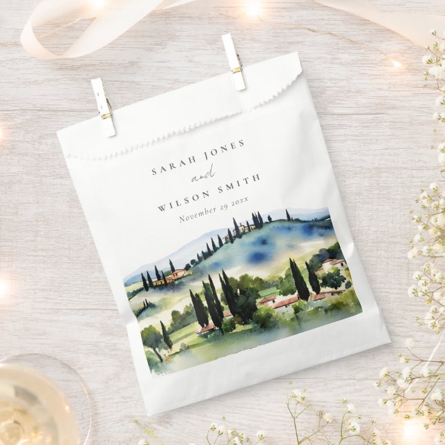 Elegant Tuscany Italy Watercolor Landscape Wedding Favor Bag (Clipped)