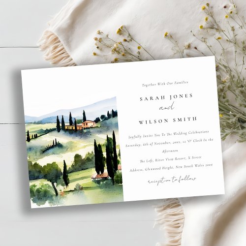 Elegant Tuscany Italy Watercolor Landscape Wedding Invitation