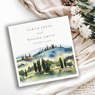 Elegant Tuscany Italy Watercolor Landscape Wedding Napkins